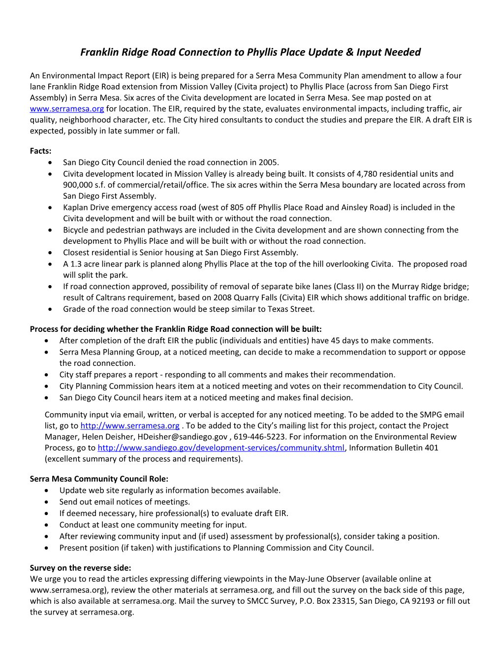 Franklin Ridge Road Connection to Phyllis Place Update & Input Needed