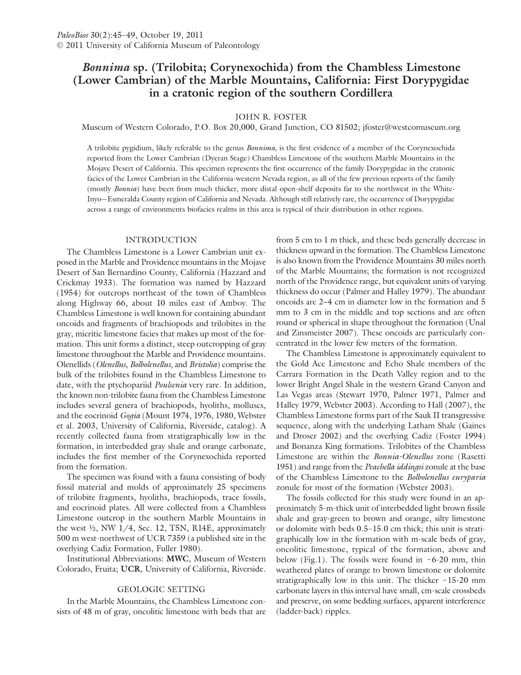 (Lower Cambrian) of the Marble Mountains, California: First Dorypygidae in a Cratonic Region of the Southern Cordillera