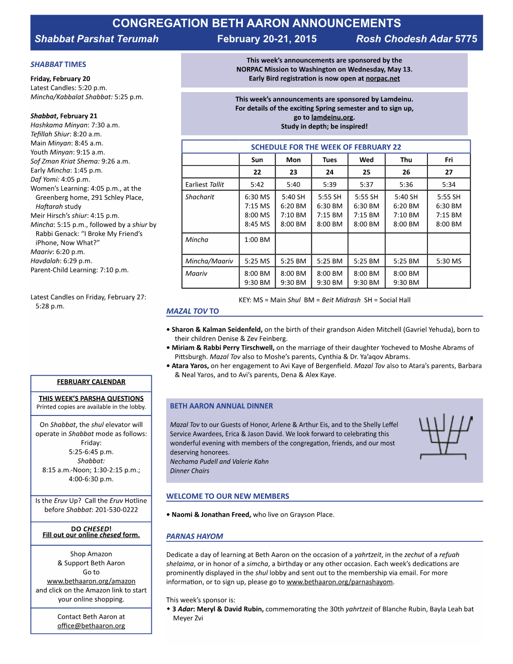 Terumah February 20-21, 2015 Rosh Chodesh Adar 5775