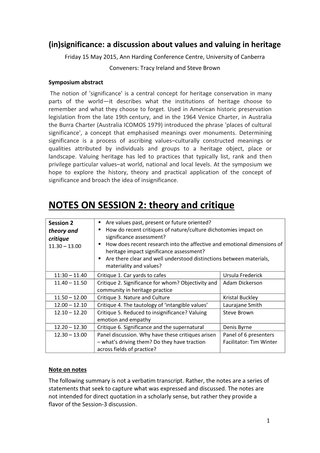 NOTES on SESSION 2: Theory and Critique