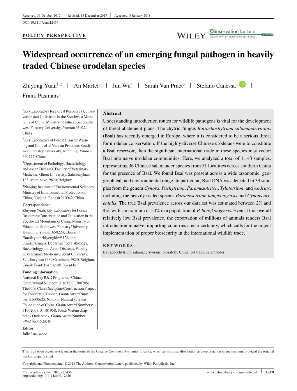 Widespread Occurrence of an Emerging Fungal Pathogen in Heavily Traded Chinese Urodelan Species