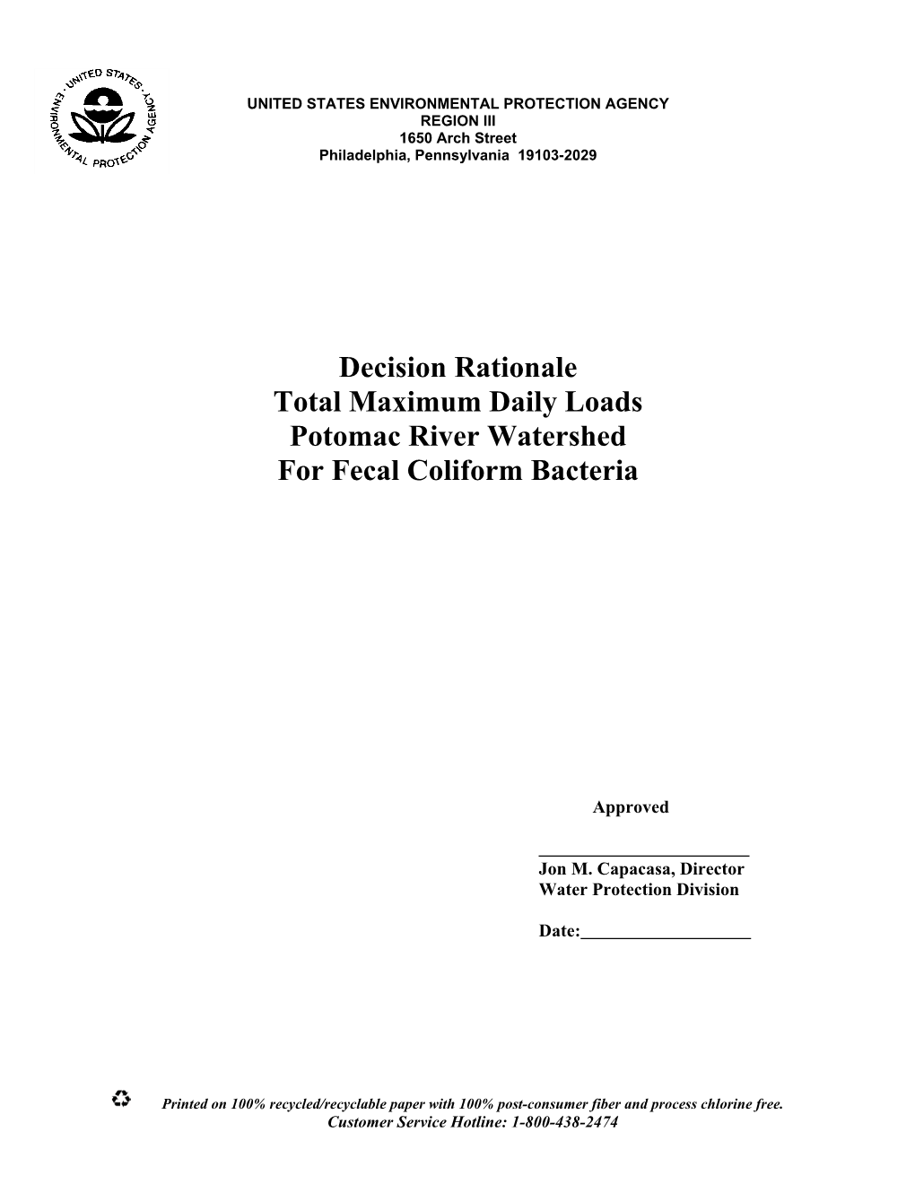 Potomac Fecal Coliform Decision Rationale