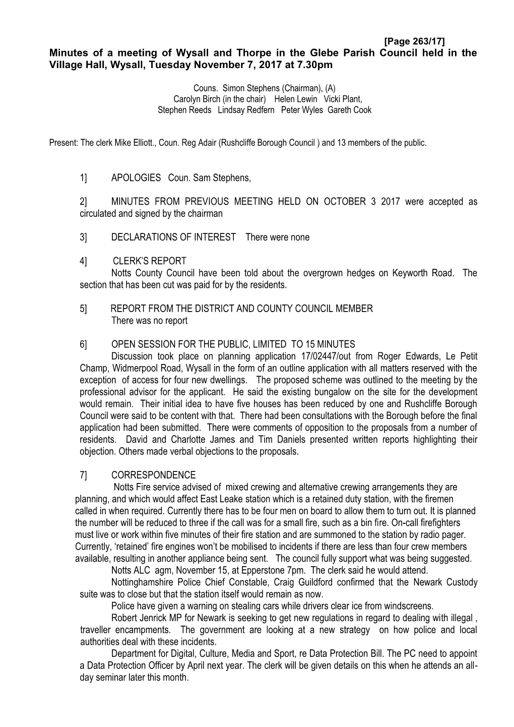 Minutes of a Meeting of Wysall and Thorpe in the Glebe Parish Council Held in the Village Hall, Wysall, Tuesday November 7, 2017 at 7.30Pm