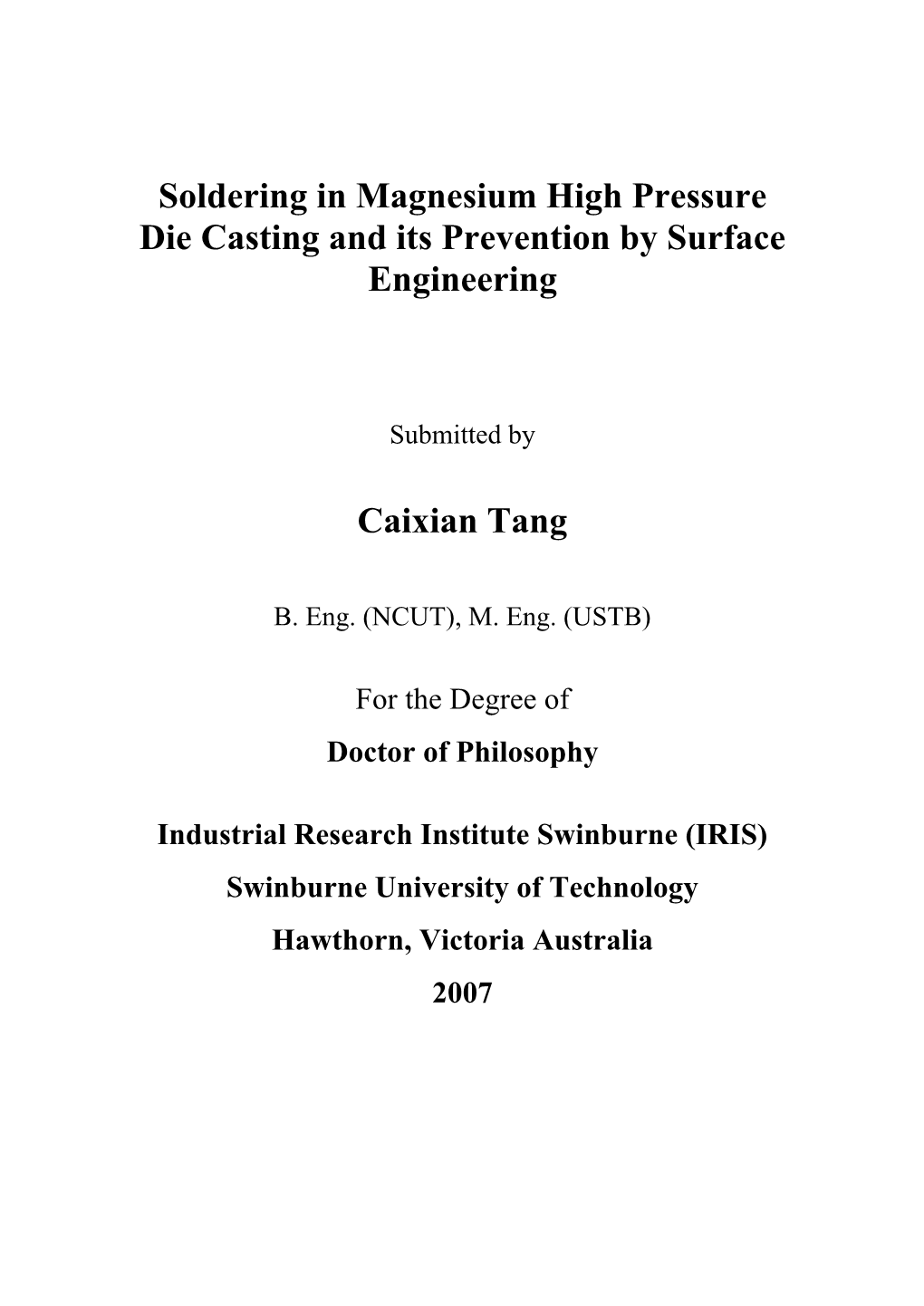 Soldering in Magnesium High Pressure Die Casting and Its Prevention by Surface Engineering