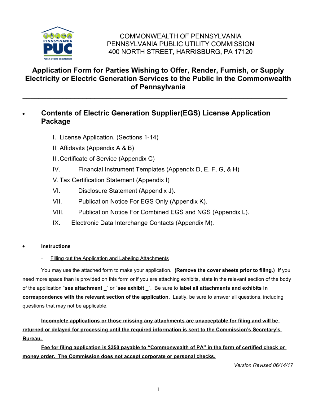 Contents of Electric Generation Supplier(EGS) License Application Package