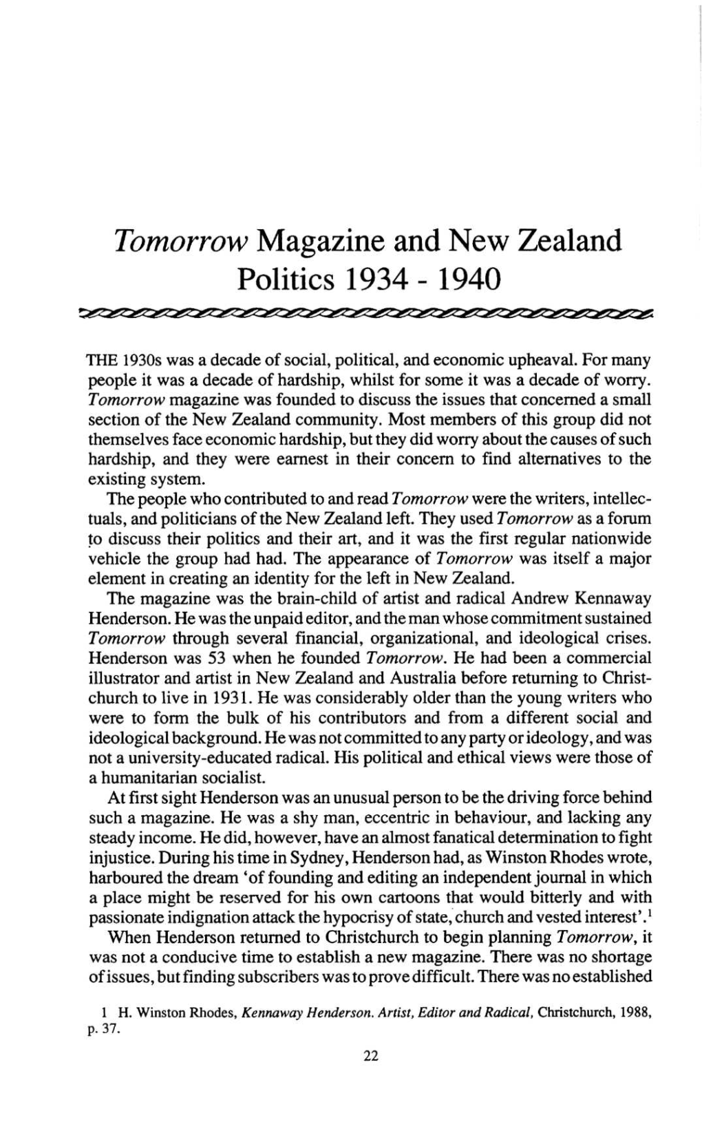 Tomorrow Magazine and New Zealand Politics 1934 - 1940