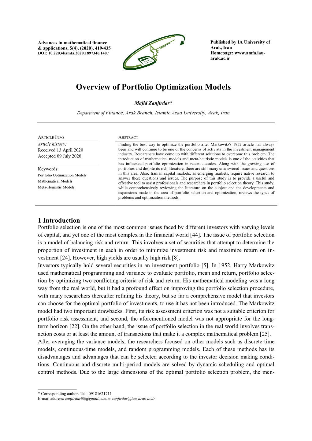 Overview of Portfolio Optimization Models