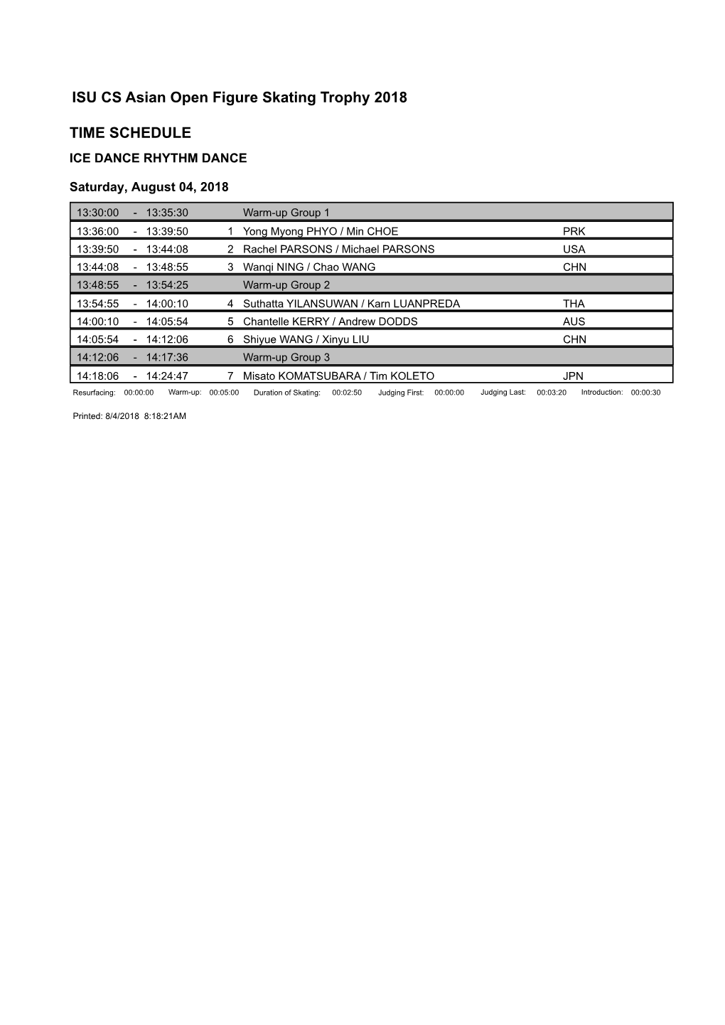 ISU CS Asian Open Figure Skating Trophy 2018 TIME SCHEDULE