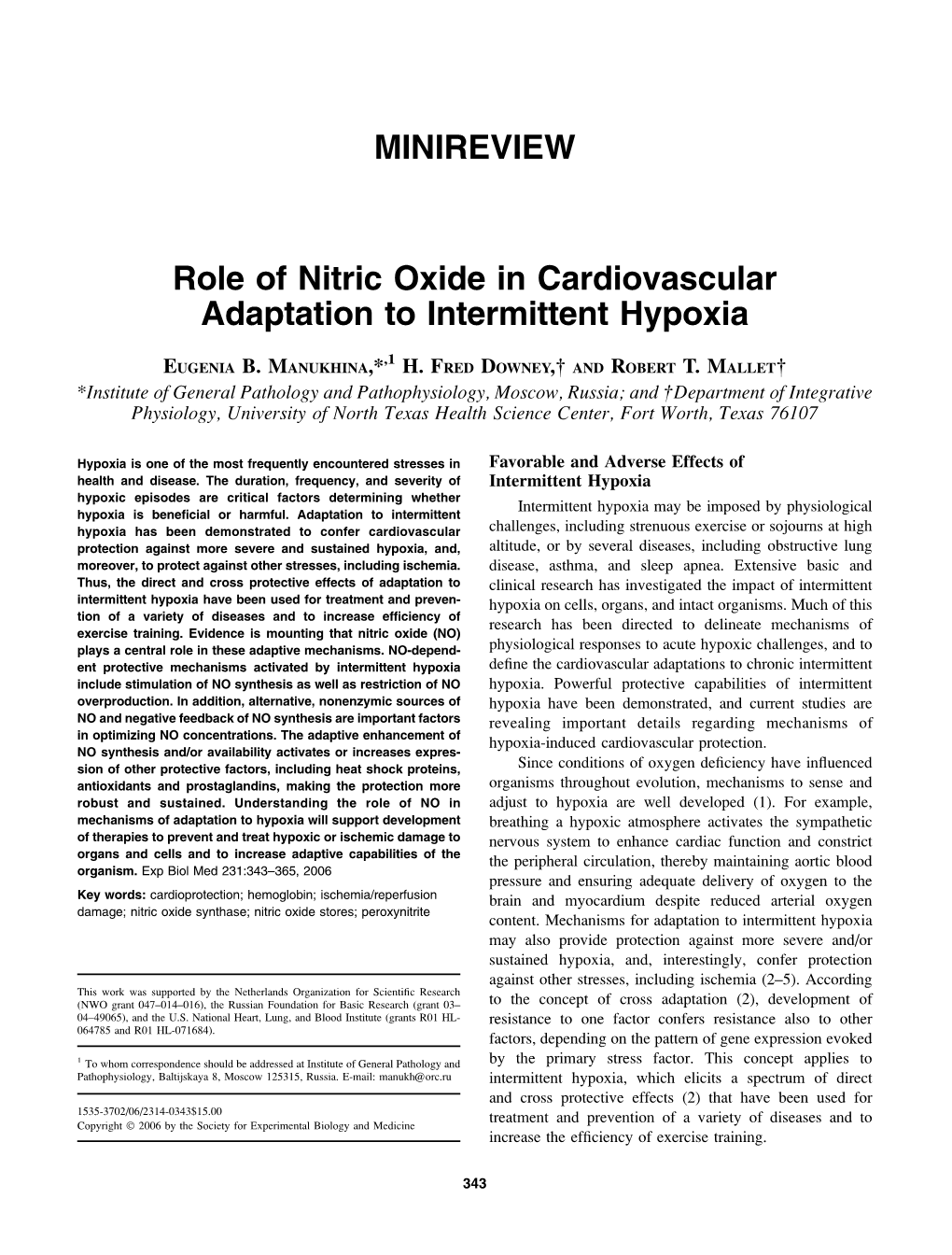 MINIREVIEW Role of Nitric Oxide in Cardiovascular Adaptation To