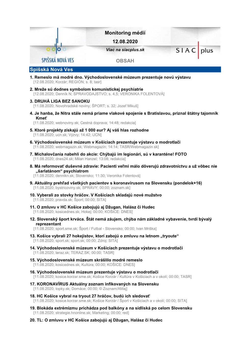 Monitoring Médií 12.08.2020 OBSAH Spišská Nová