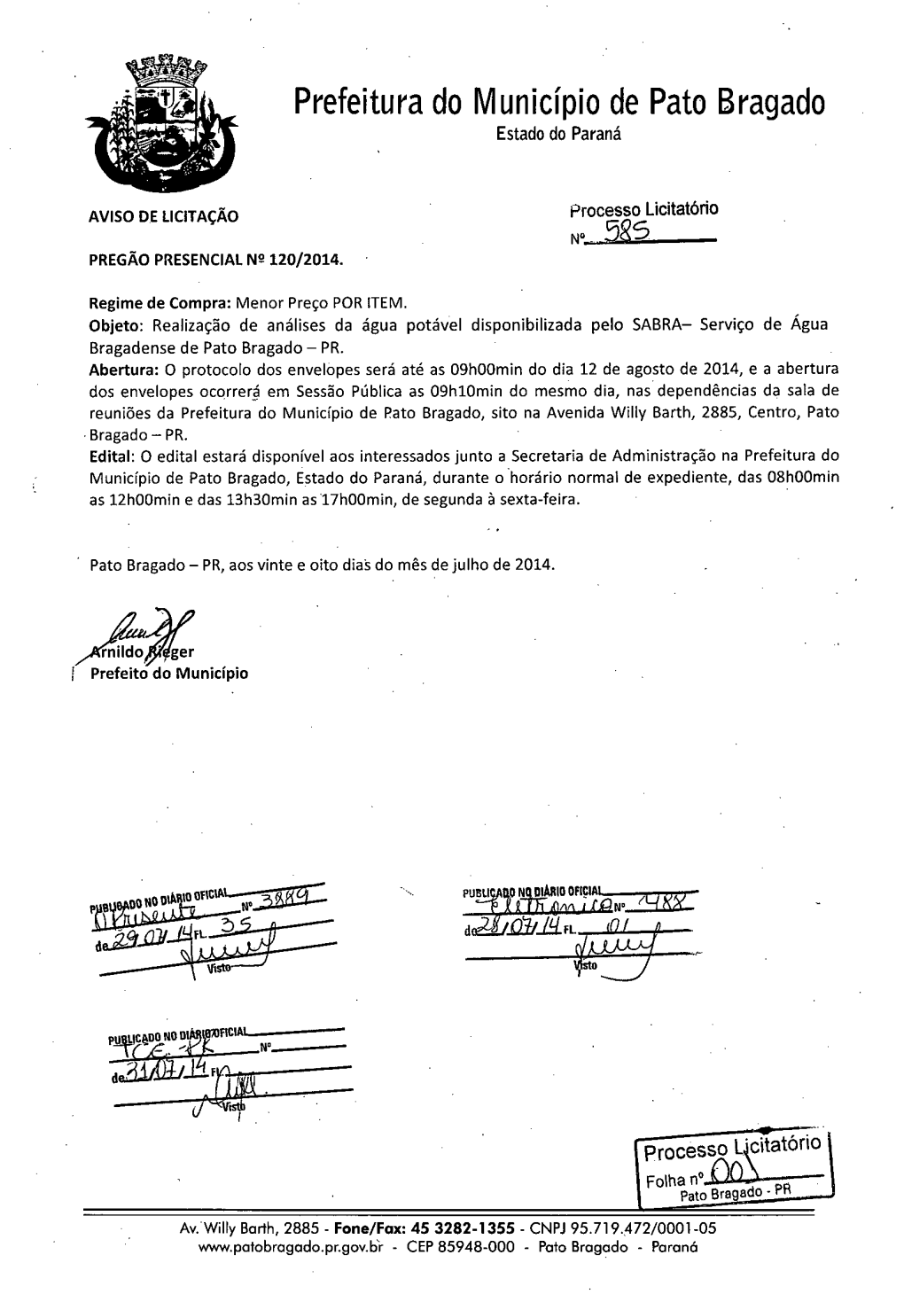 Prefeitura Do Municiplo De Pato Bragado Estado Do Parana'