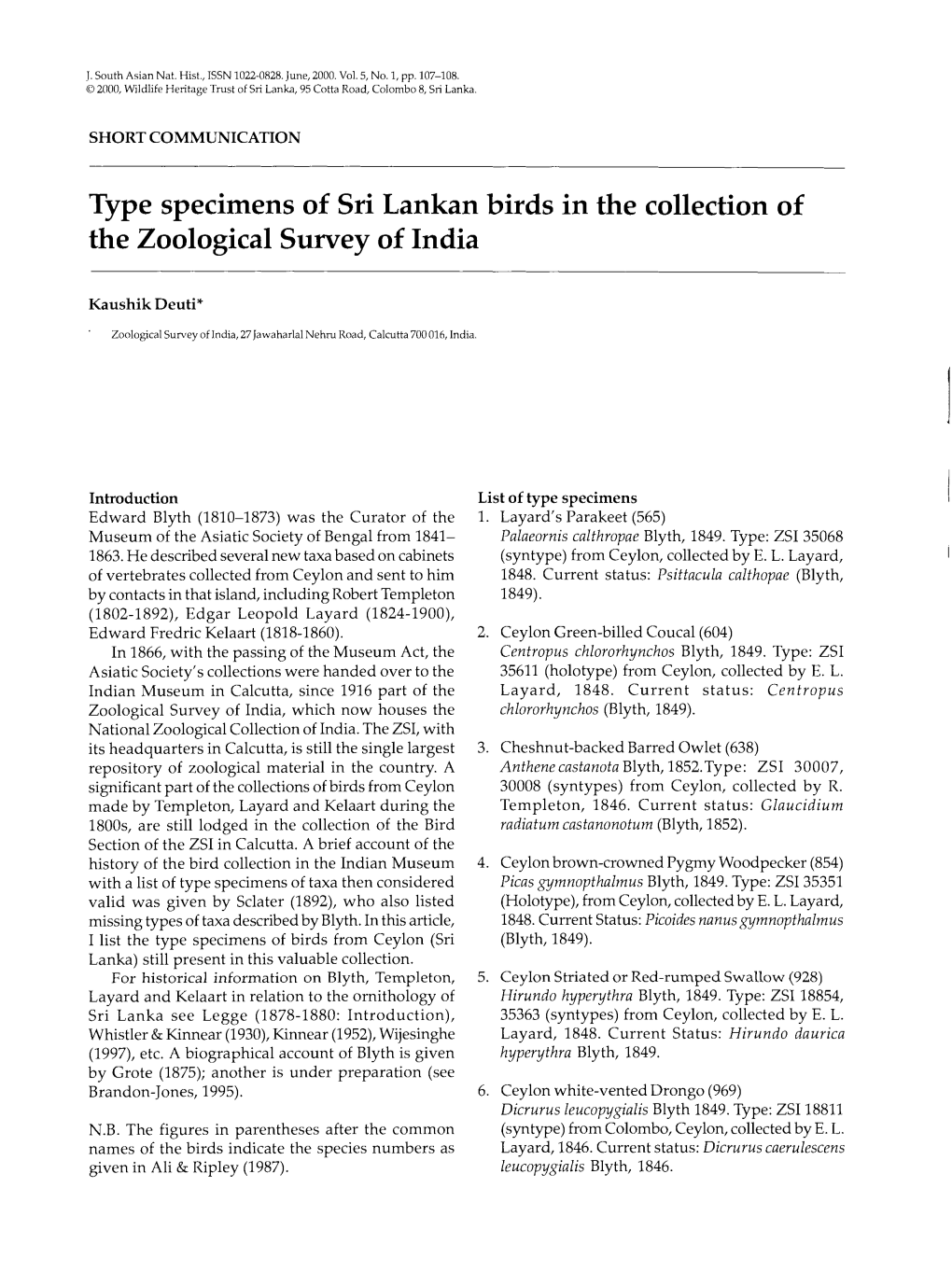 Type Specimens of Sri Lankan Birds in the Collection of the Zoological Survey of India