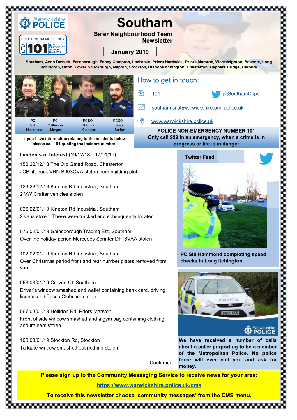 Southam Safer Neighbourhood Team Newsletter January 2019