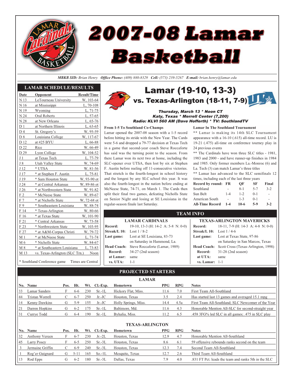 Lamar (19-10, 13-3) N 13 Letourneau University W, 103-64 Vs