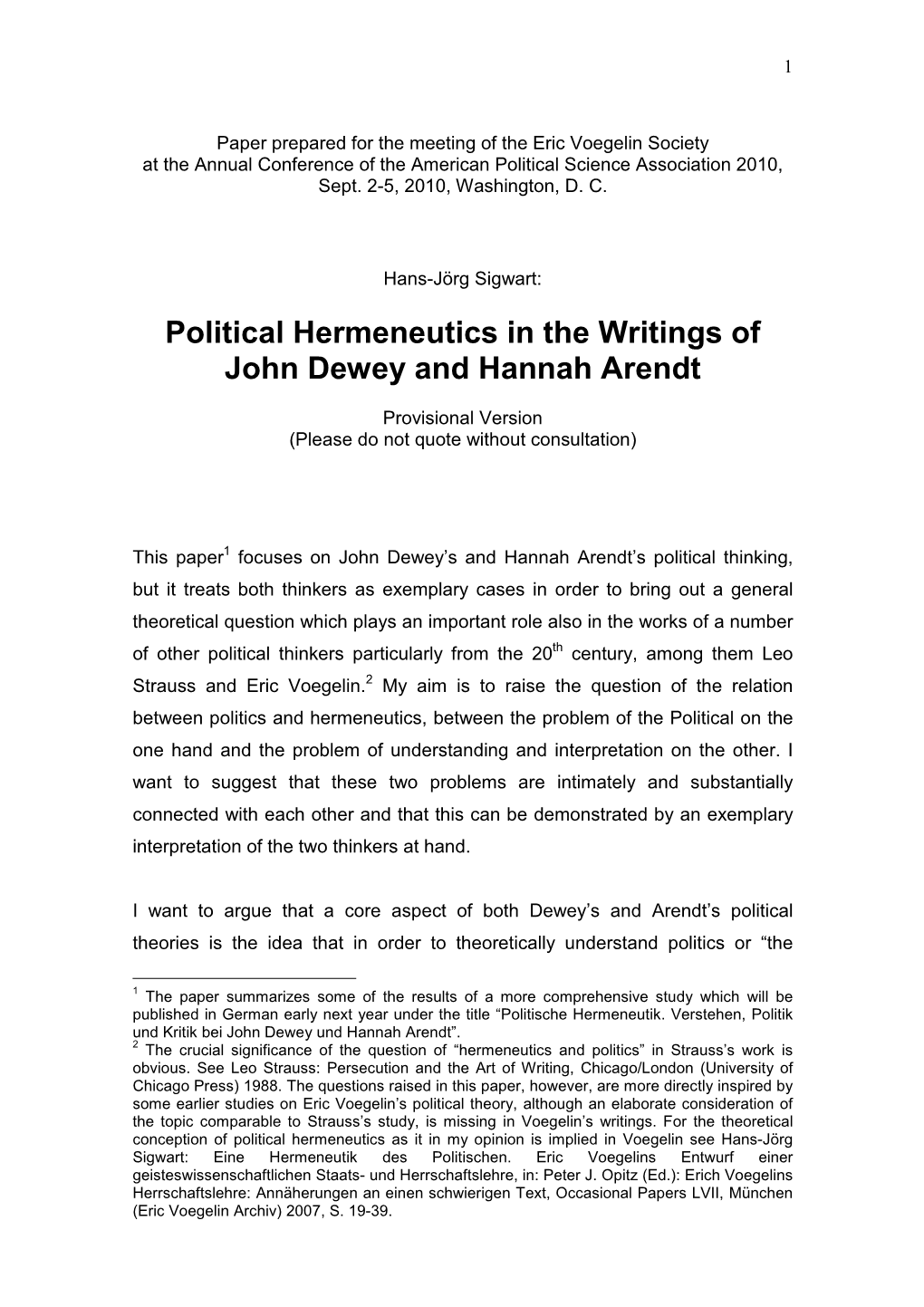 Political Hermeneutics in Dewey and Arendt