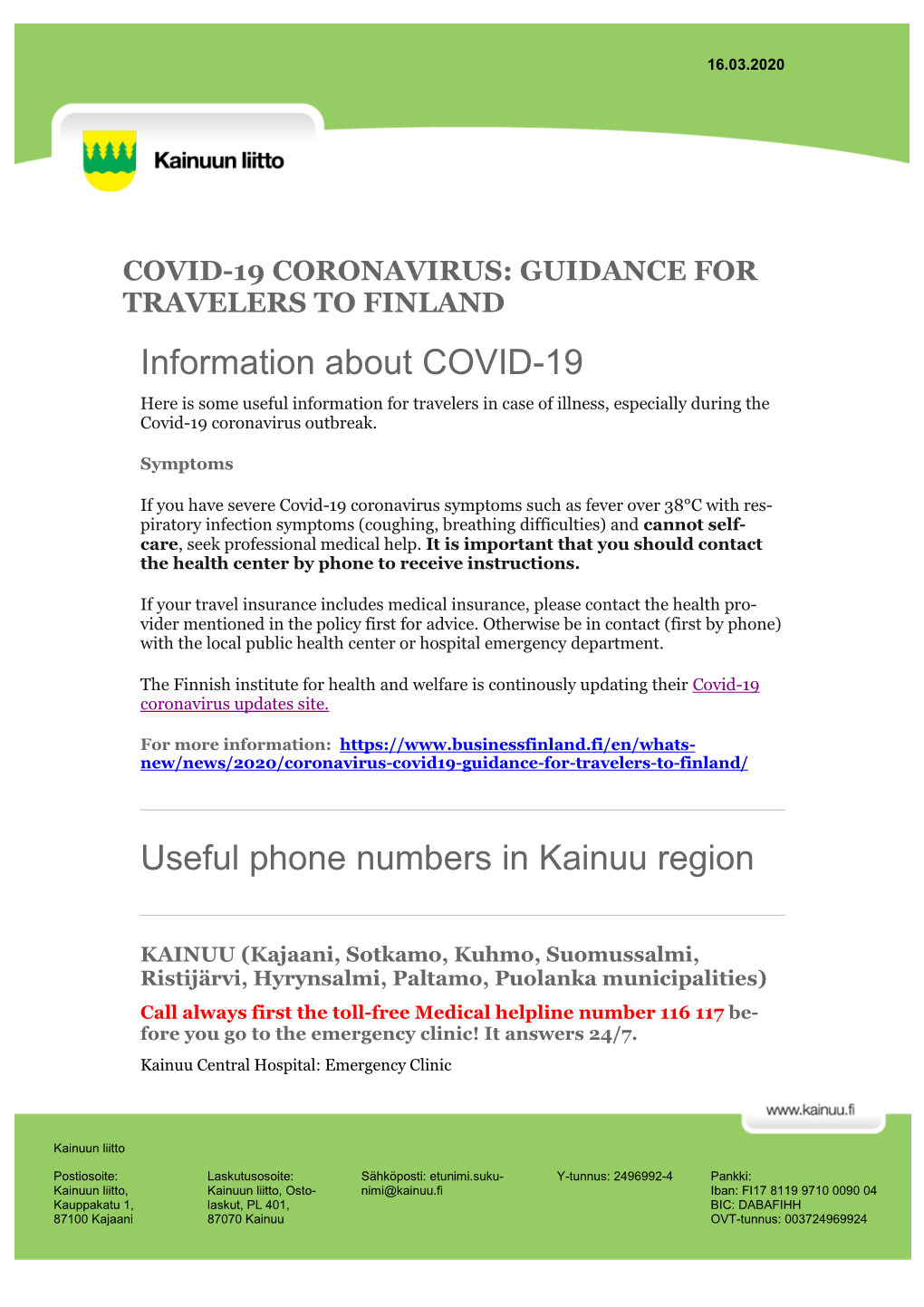 Information About COVID-19 for Travellers in Kainuu