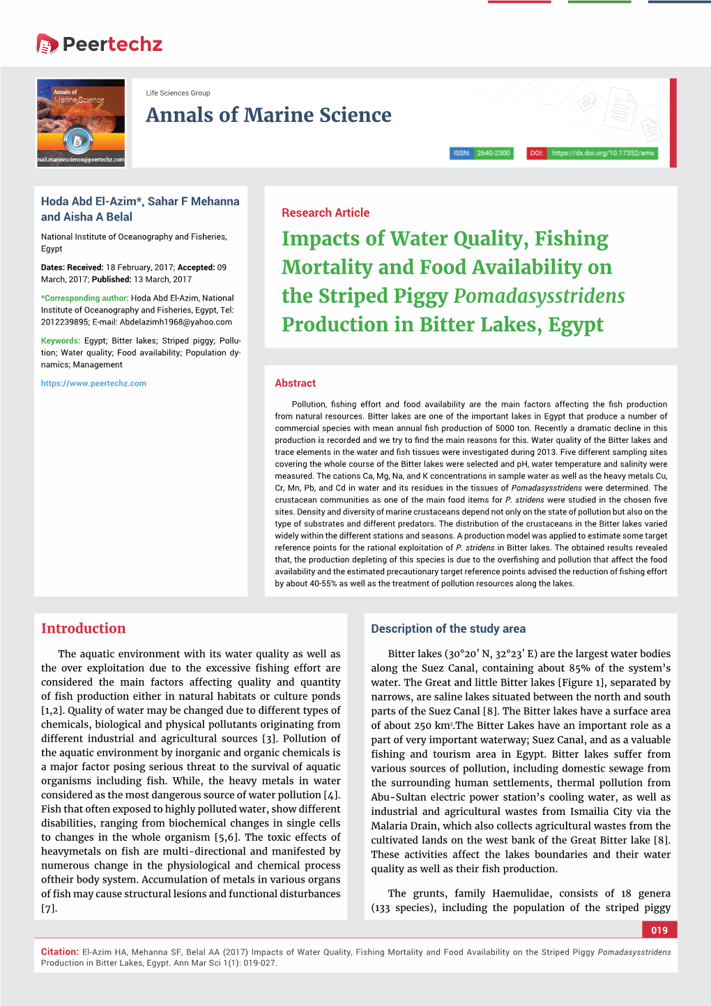 Impacts of Water Quality, Fishing Mortality and Food Availability on the Striped Piggy Pomadasysstridens Production in Bitter Lakes, Egypt
