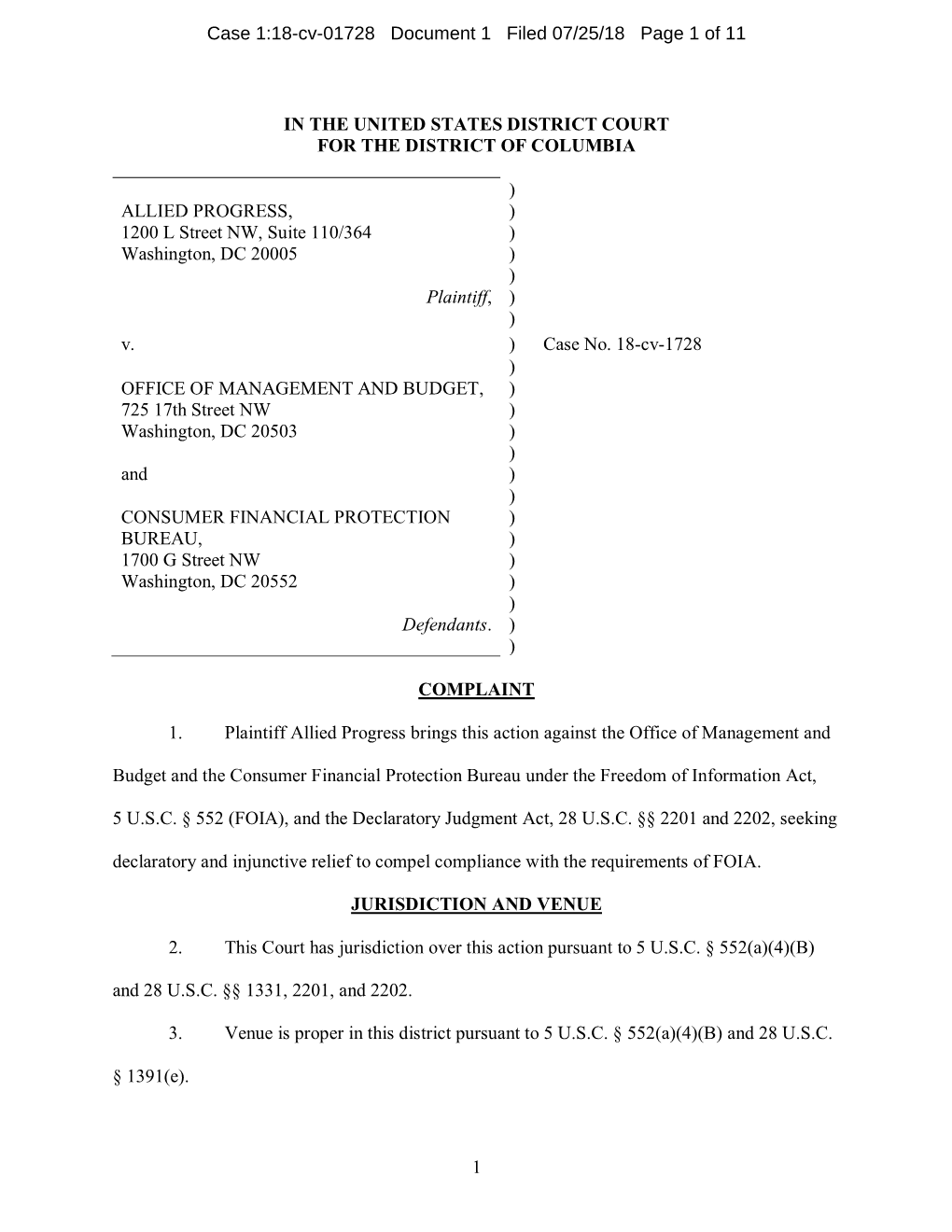 1 in the UNITED STATES DISTRICT COURT for the DISTRICT of COLUMBIA ALLIED PROGRESS, 1200 L Street NW, Suite 110/364 Washington