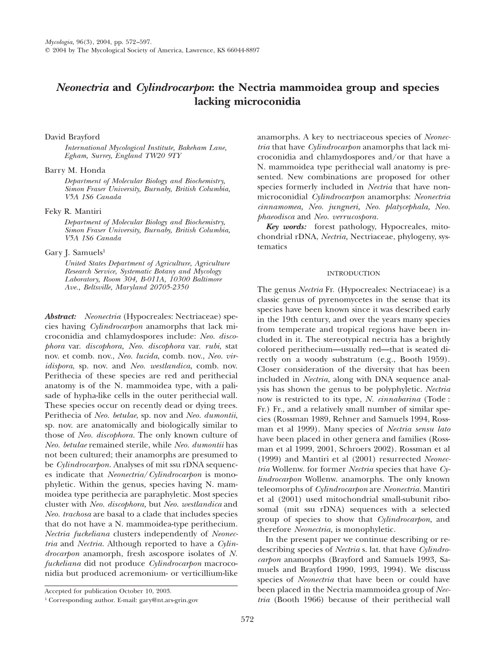 Neonectria and Cylindrocarpon: the Nectria Mammoidea Group and Species Lacking Microconidia