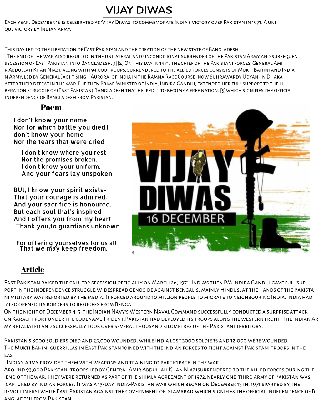 VIJAY DIWAS Each Year, December 16 Is Celebrated As 'Vijay Diwas' to Commemorate India's Victory Over Pakistan in 1971