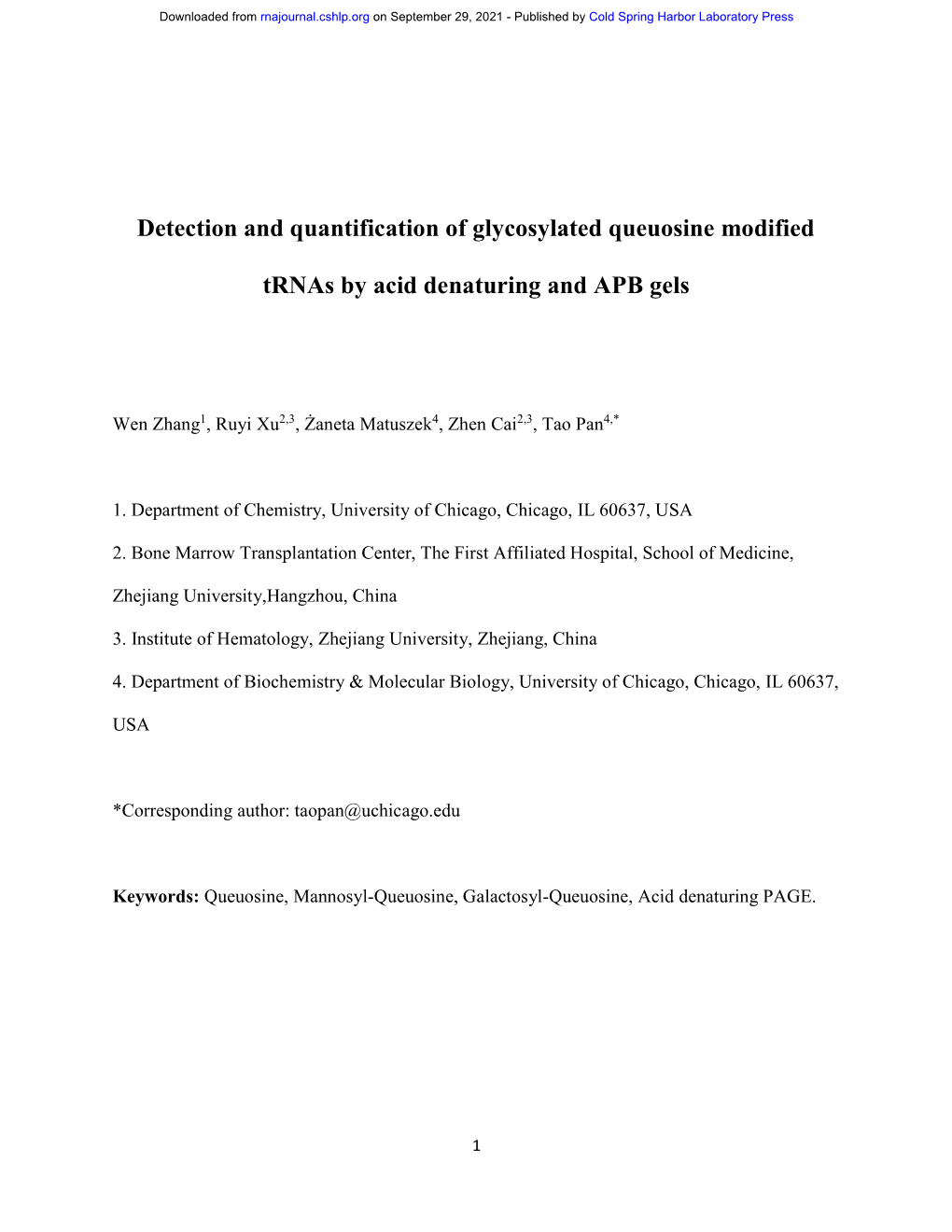Detection and Quantification of Glycosylated Queuosine Modified