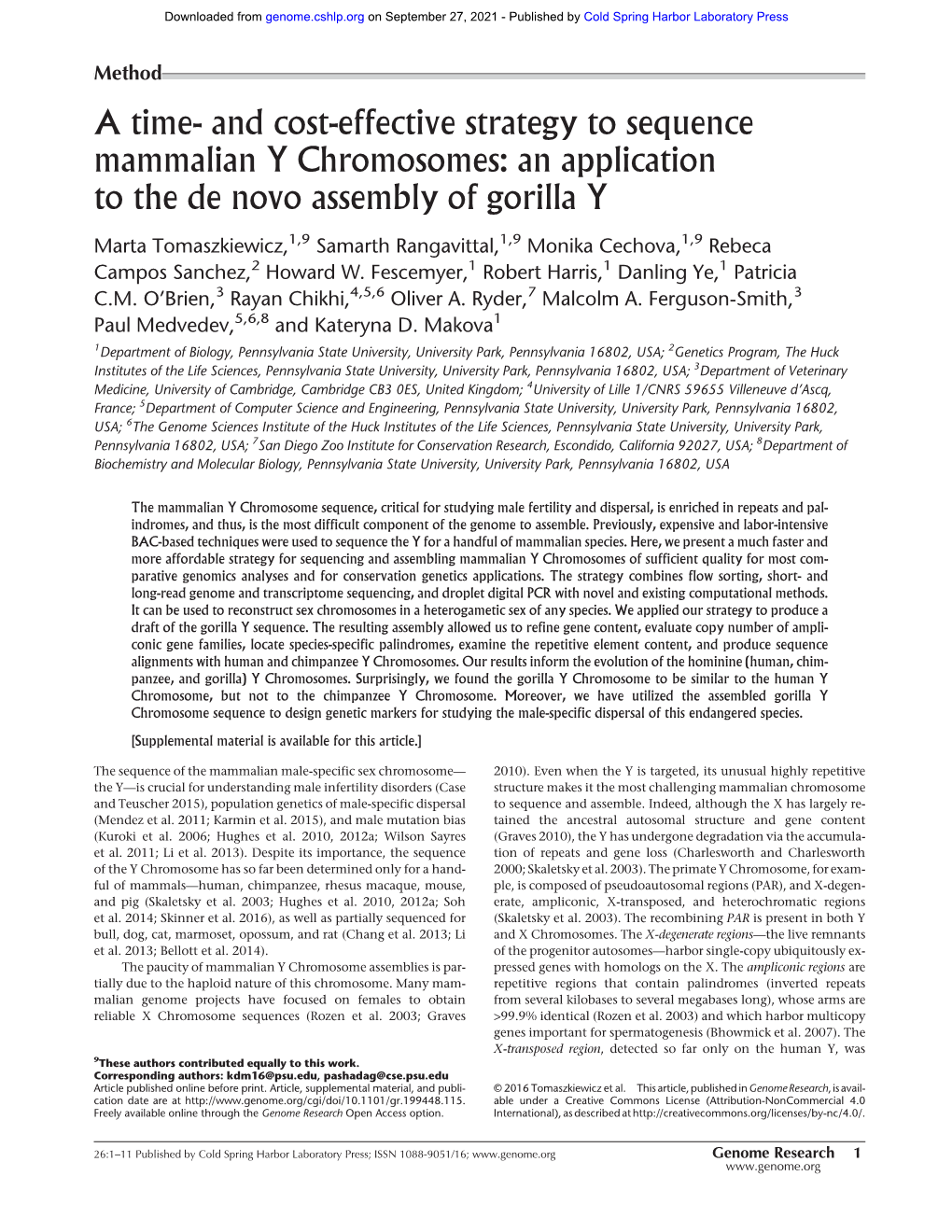 A Time- and Cost-Effective Strategy to Sequence Mammalian Y Chromosomes: an Application to the De Novo Assembly of Gorilla Y