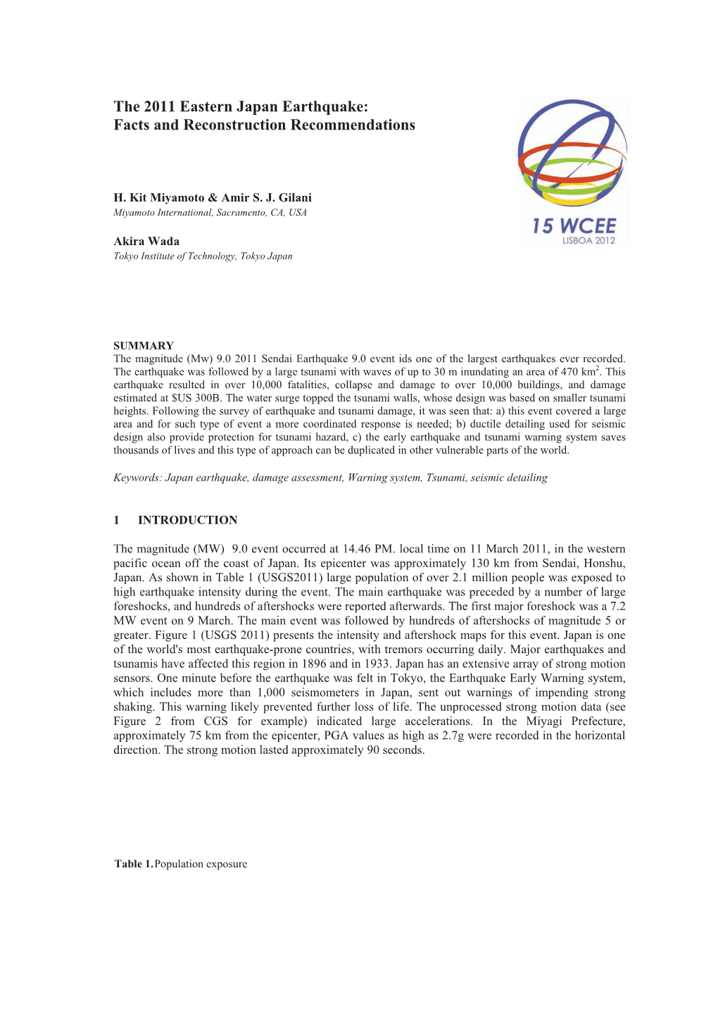 The 2011 Eastern Japan Earthquake: Facts and Reconstruction Recommendations