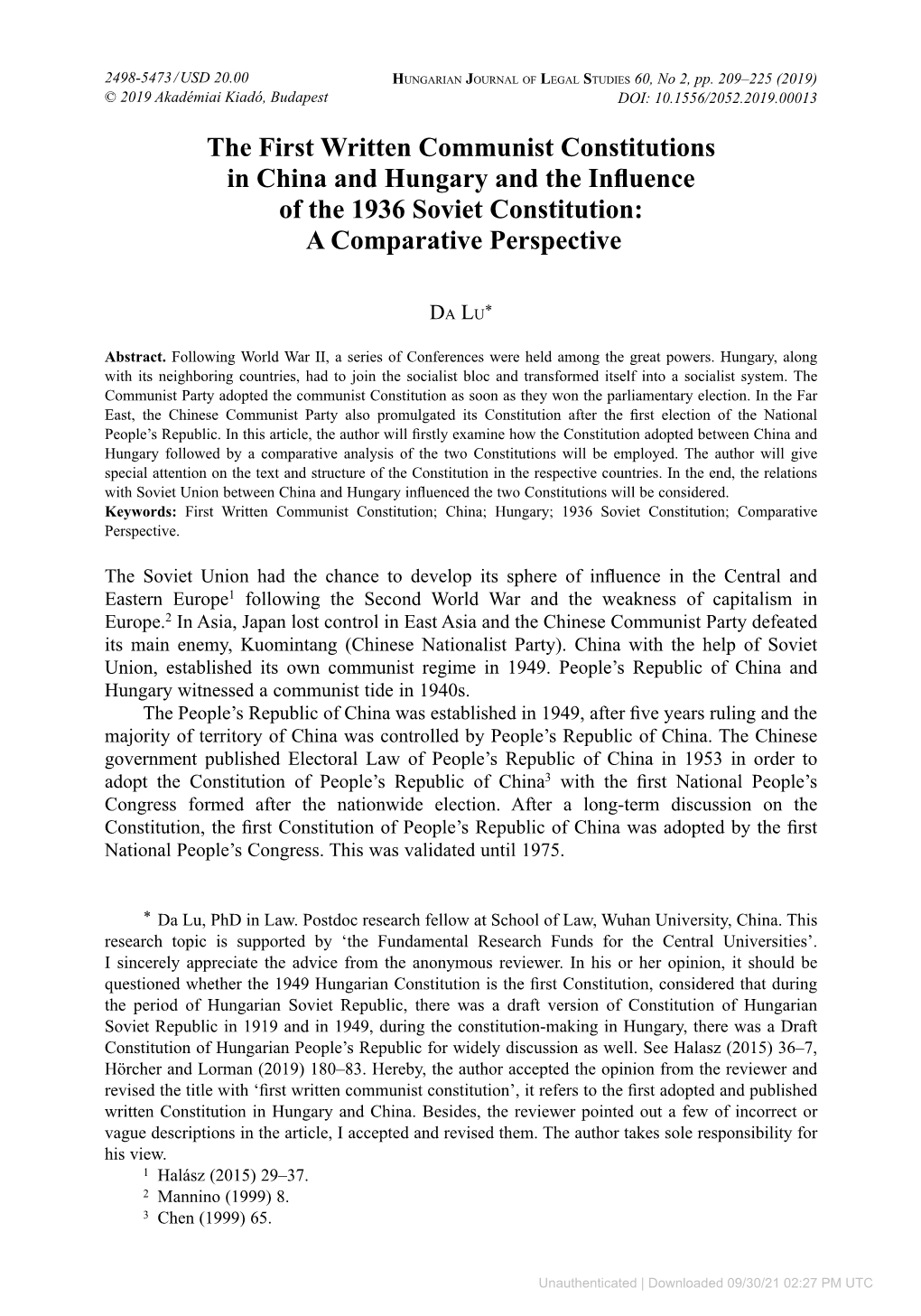 The First Written Communist Constitutions in China and Hungary and the Influence of the 1936 Soviet Constitution: a Comparative Perspective