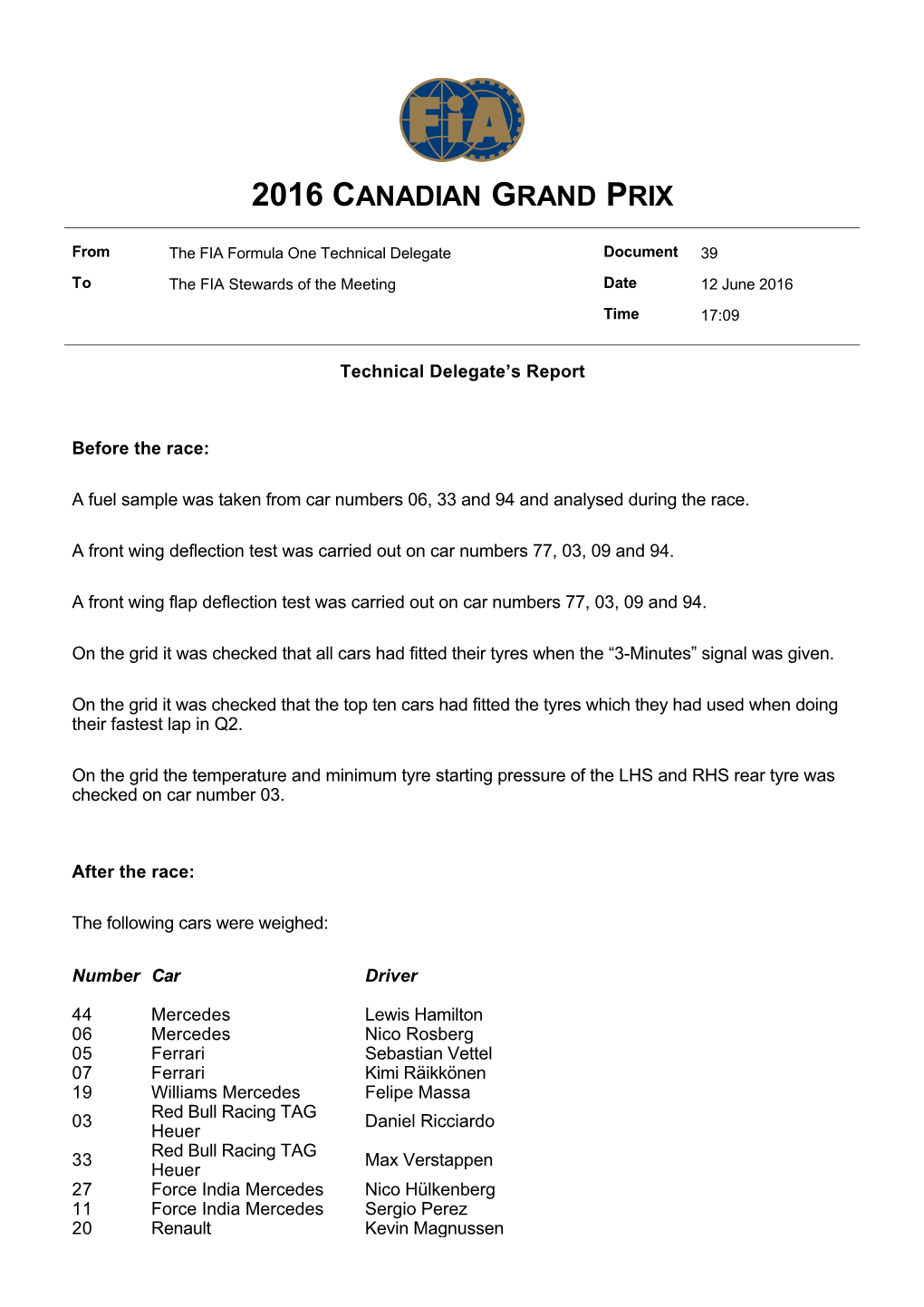 Document 39 to the FIA Stewards of the Meeting Date 12 June 2016 Time 17:09