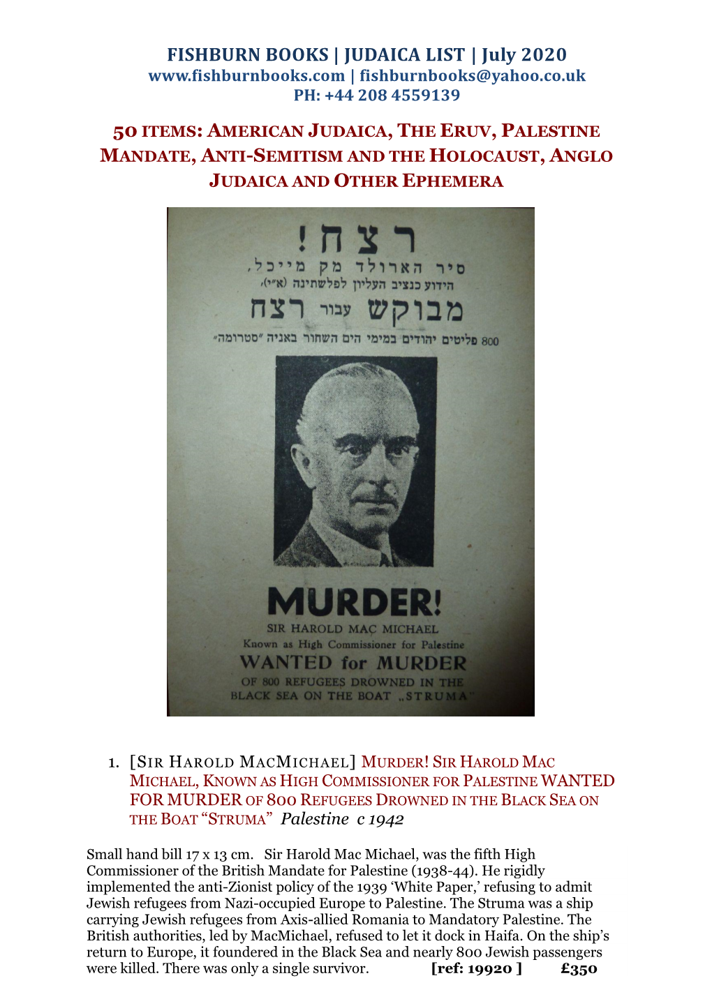 JUDAICA LIST | July 2020 | Fishburnbooks@Yahoo.Co.Uk PH: +44 208 4559139