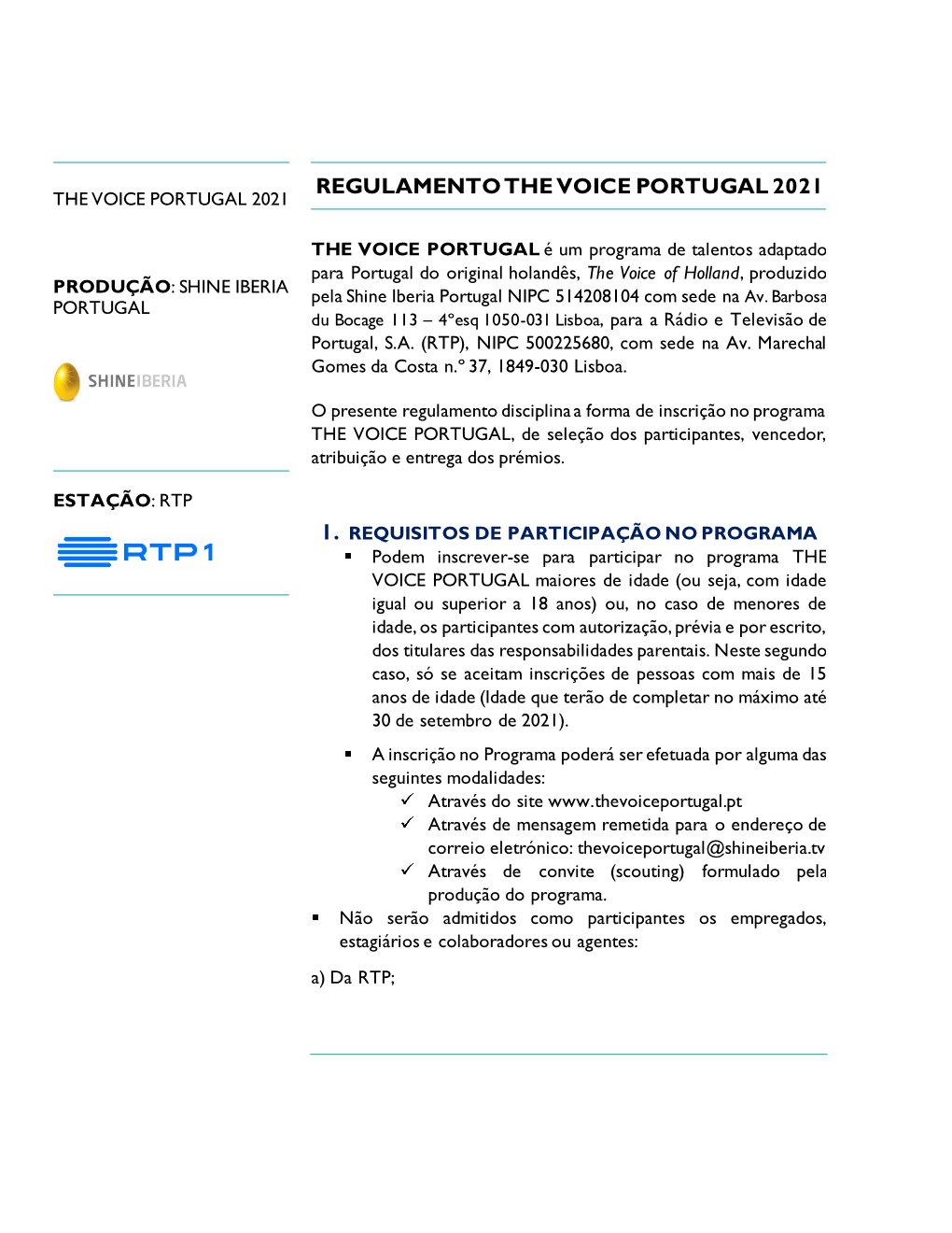 Regulamento the Voice Portugal 2021 the Voice Portugal 2021