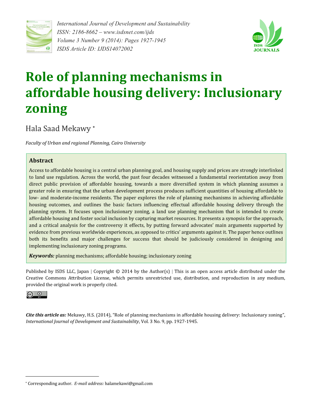 Role of Planning Mechanisms in Affordable Housing Delivery: Inclusionary Zoning