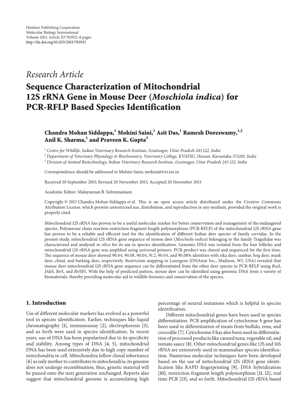 Sequence Characterization of Mitochondrial 12S Rrna Gene in Mouse Deer (Moschiola Indica)For PCR-RFLP Based Species Identification