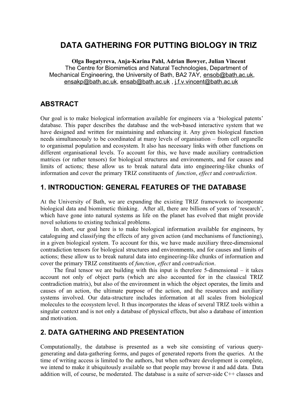 Data Gathering for Putting Biology in Triz