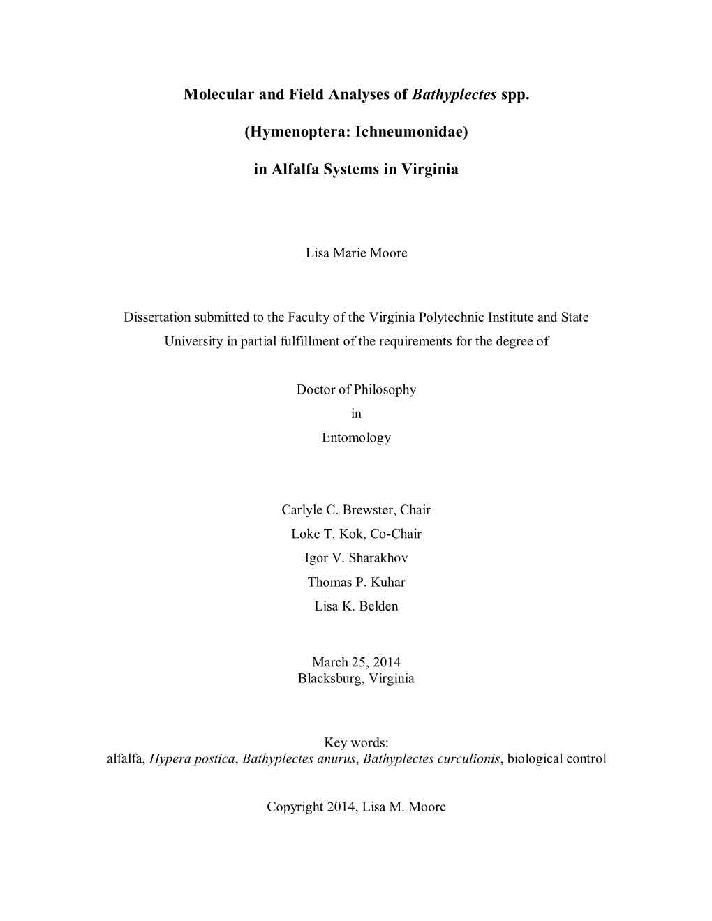 Molecular and Field Analyses of Bathyplectes Spp. (Hymenoptera