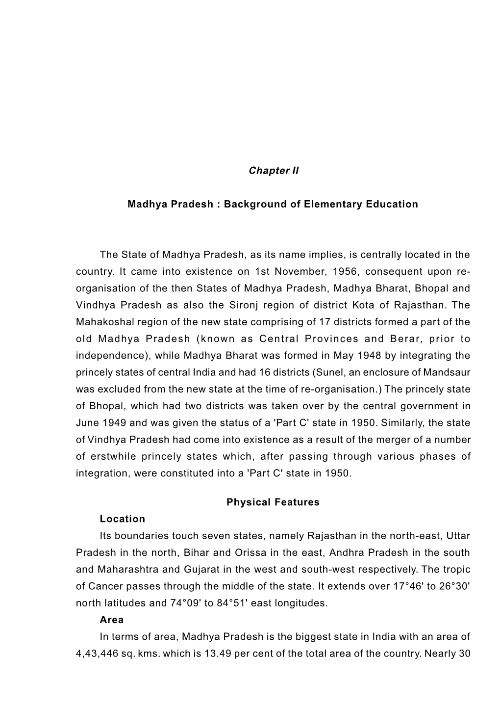 Background of Elementary Education the State of Madhya Pradesh, As Its
