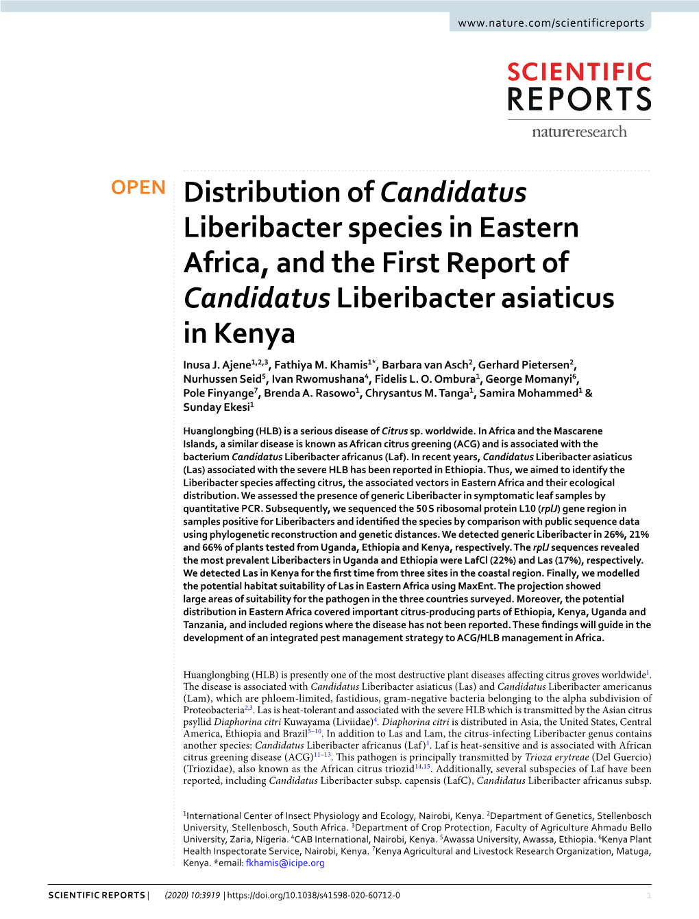 Distribution of Candidatus Liberibacter Species in Eastern Africa, and the First Report of Candidatus Liberibacter Asiaticus in Kenya Inusa J