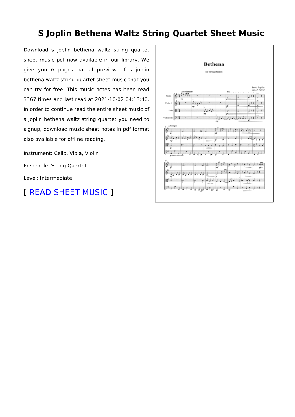 S Joplin Bethena Waltz String Quartet Sheet Music
