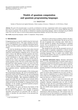 Models of Quantum Computation and Quantum Programming Languages
