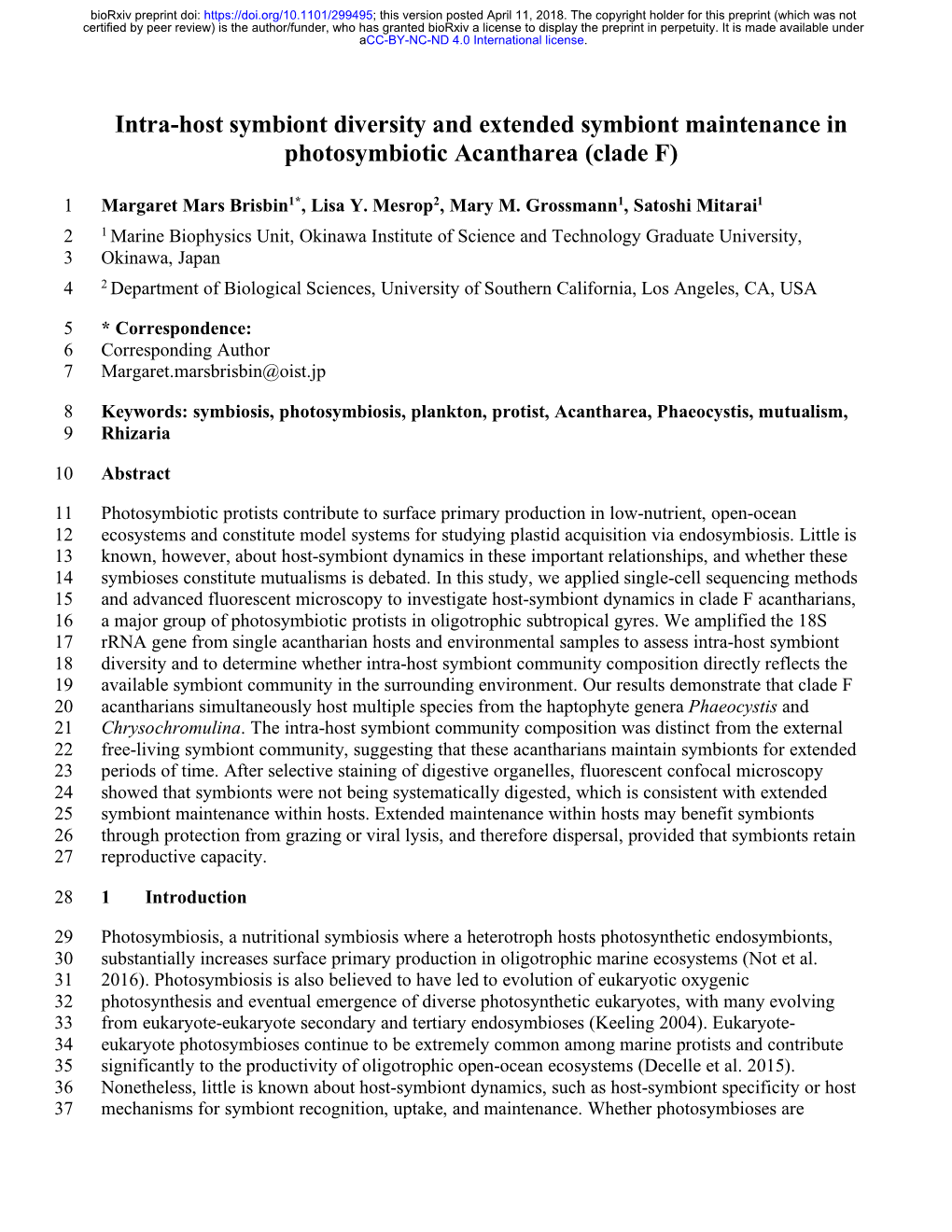 Intra-Host Symbiont Diversity and Extended Symbiont Maintenance in Photosymbiotic Acantharea (Clade F)