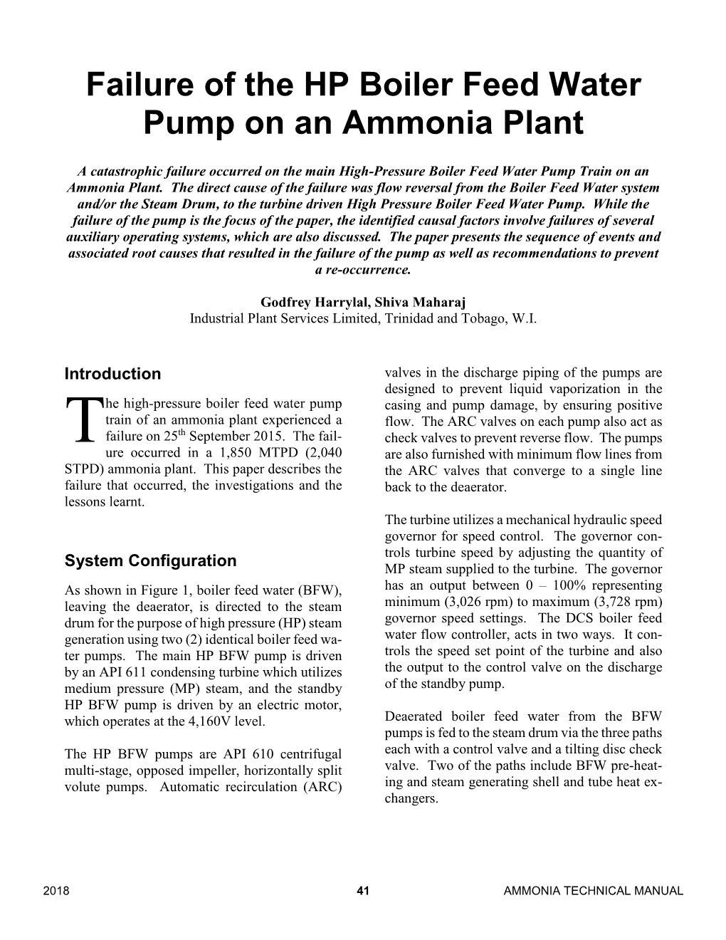 Failure of the HP Boiler Feed Water Pump on an Ammonia Plant