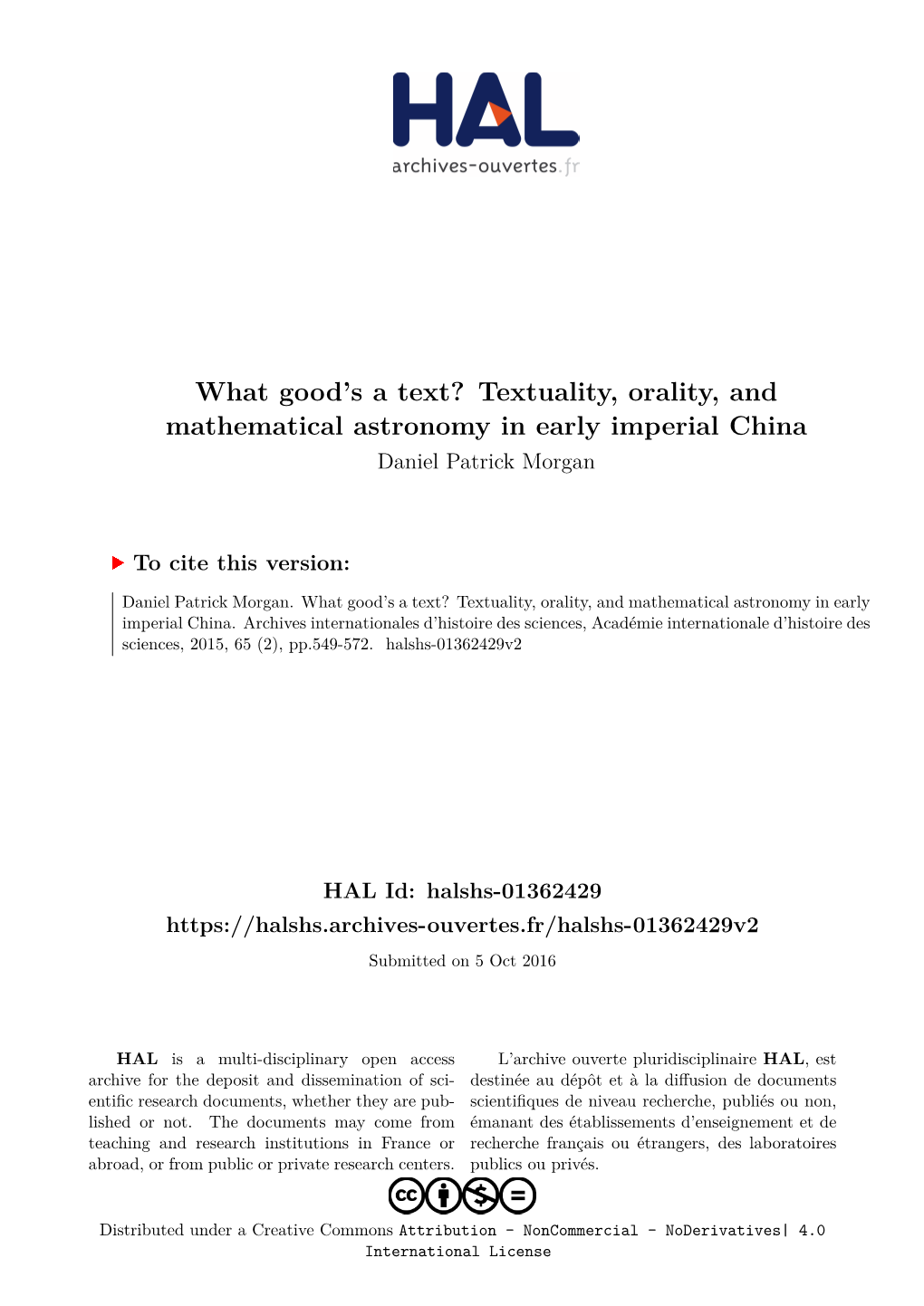 Textuality, Orality, and Mathematical Astronomy in Early Imperial China Daniel Patrick Morgan