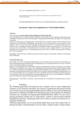 Genetic Analysis of the Population of Vorderwald Cattle [In German]