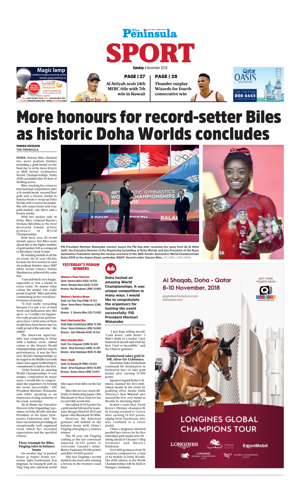 Honours for Record-Setter Biles As Historic Doha Worlds Concludes FAWAD HUSSAIN the PENINSULA