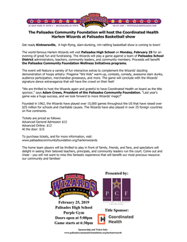 The Palisades Community Foundation Will Host the Coordinated Health Harlem Wizards at Palisades Basketball Show