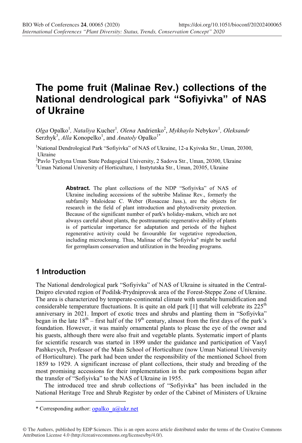 The Pome Fruit (Malinae Rev.) Collections of the National Dendrological Park “Sofiyivka” of NAS of Ukraine