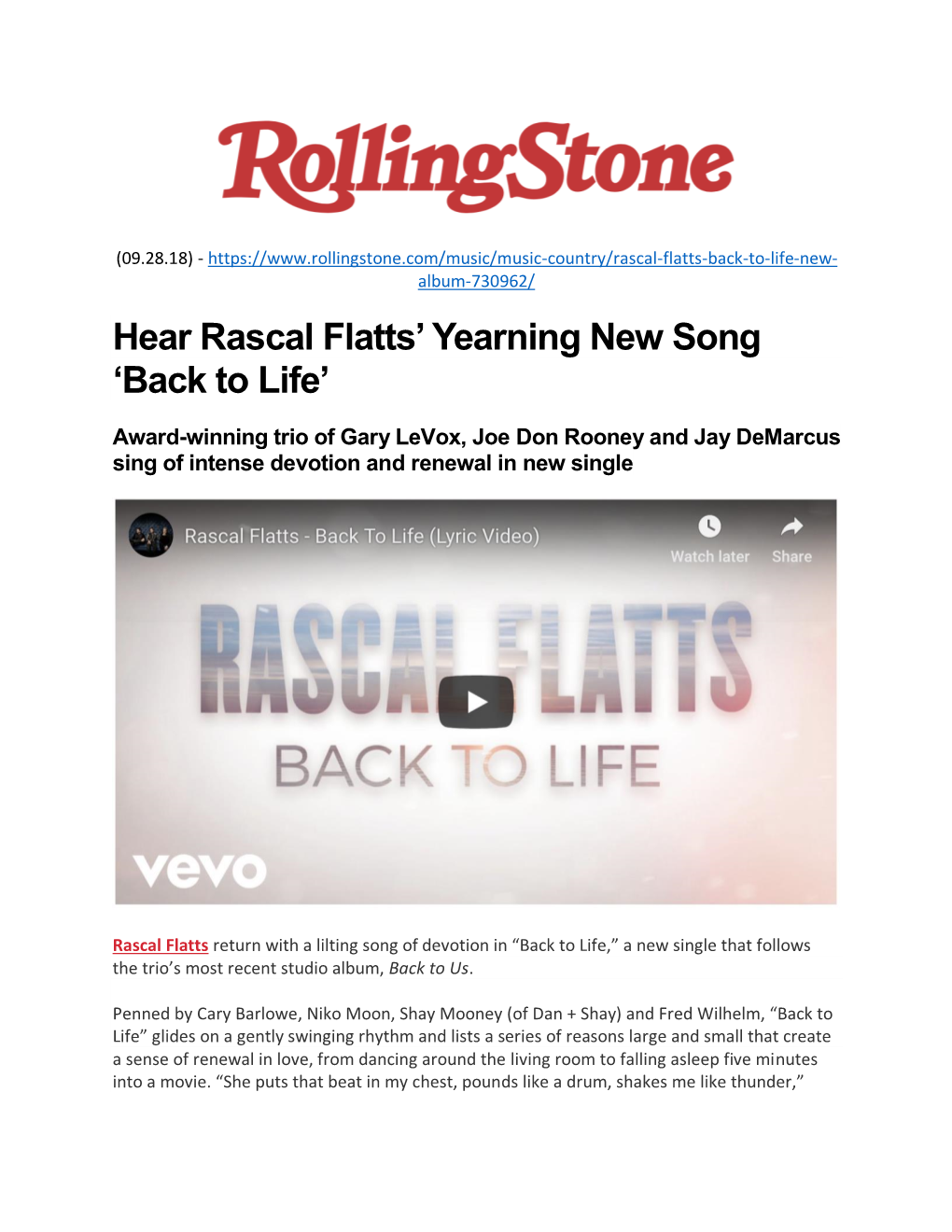 Hear Rascal Flatts' Yearning New Song 'Back to Life'