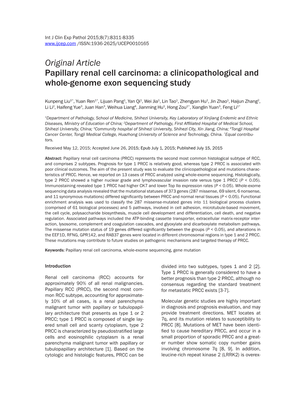 Original Article Papillary Renal Cell Carcinoma: a Clinicopathological and Whole-Genome Exon Sequencing Study