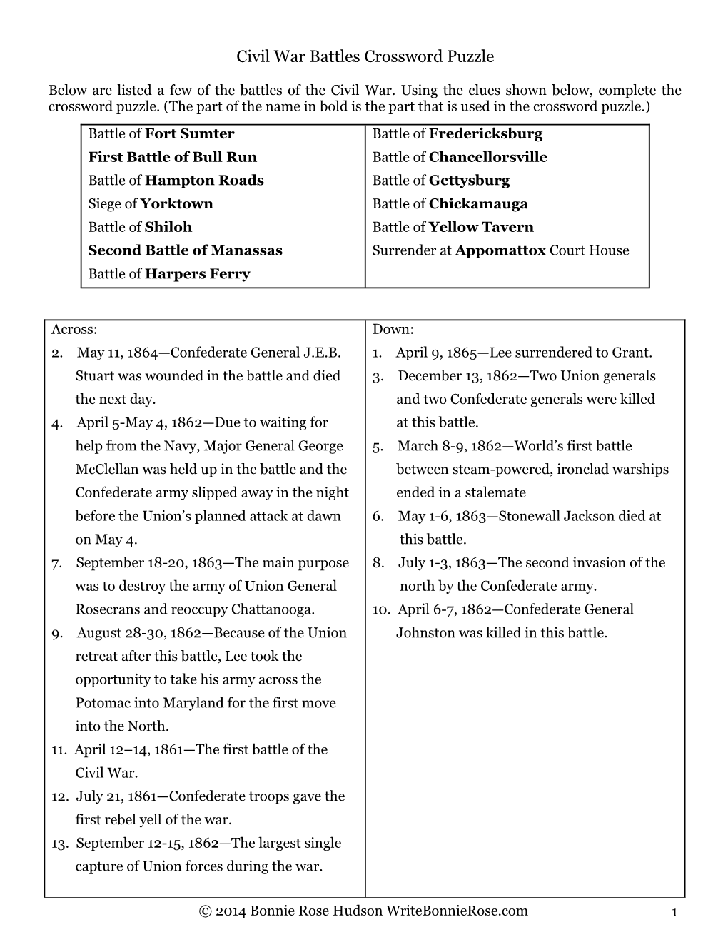 Civil War Battles Crossword Puzzle