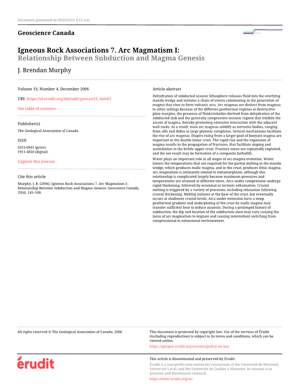 Igneous Rock Associations 7. Arc Magmatism I: Relationship Between Subduction and Magma Genesis J